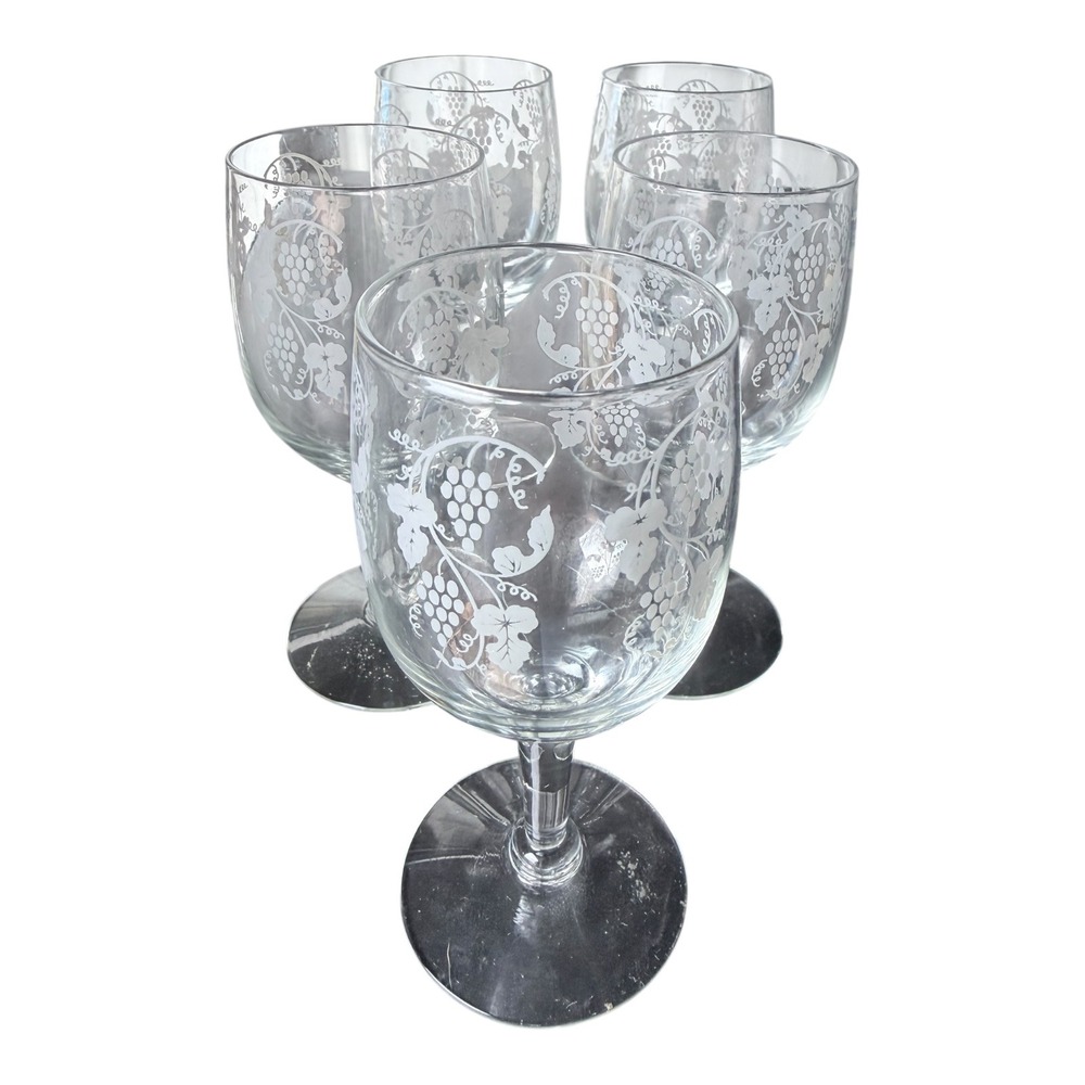 Unbranded Wine Goblets Set of 5 Etched Grape Vine Clear Glass Water Chalice 5.75